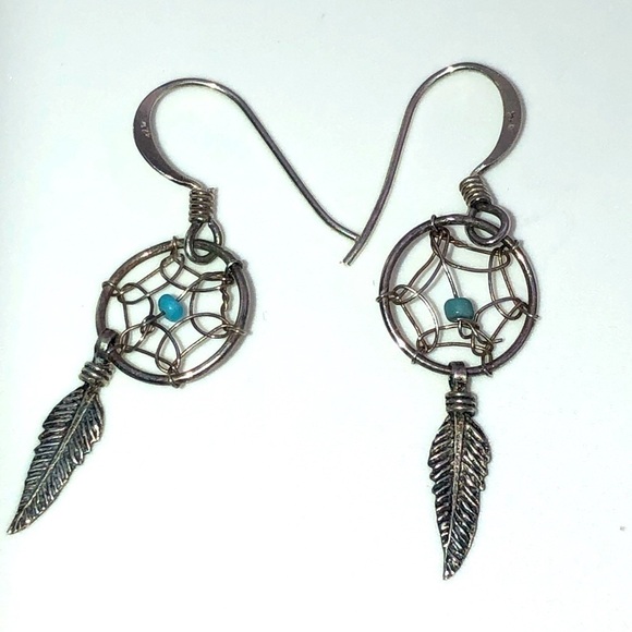 VTG Sterling & Turquoise Accent Dream Catcher Earrings - 1.5” - Picture 1 of 4